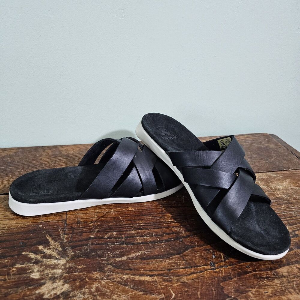 Kamik Cara Cross‎ Strappy Leather Black Slip On Sandal Womens 8 Medium